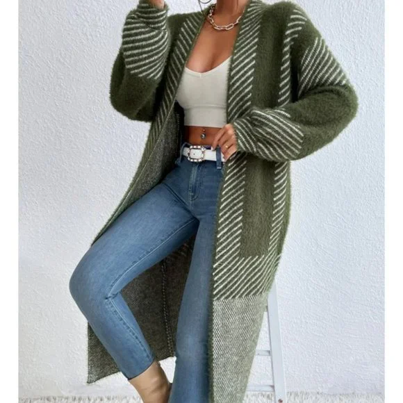 open front striped print fuzzy sweater knit duster cardigan green - Picture 1 of 7